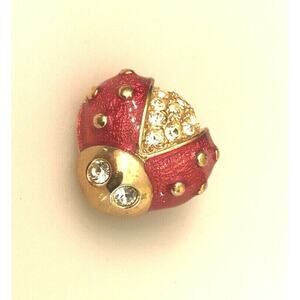 Vintage OLA Ladybug Gold-Tone Red Enamel Rhinestone Brooch 1"